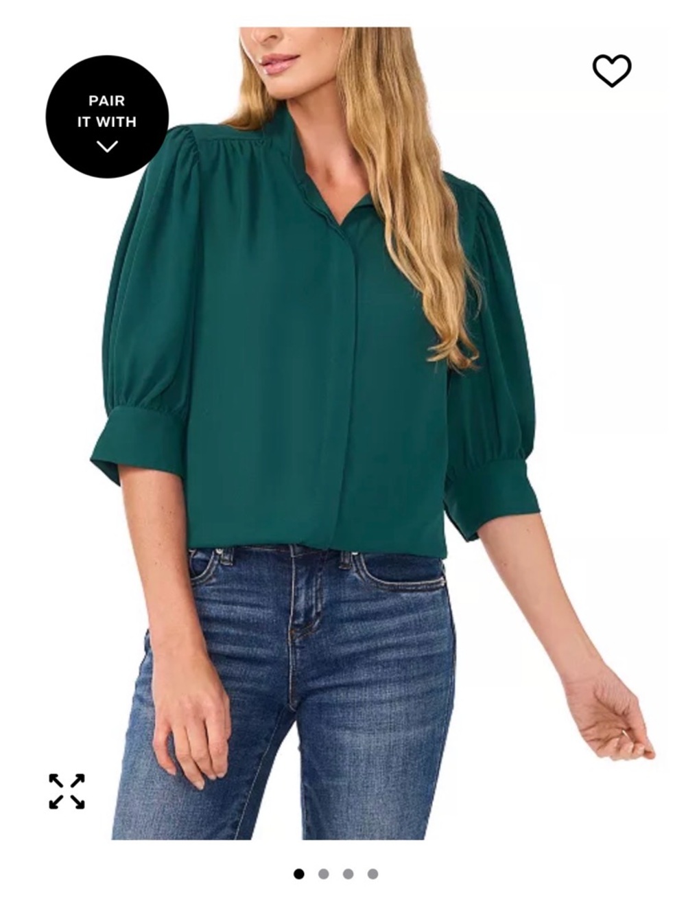 CeCe Women's 3/4-Sleeve Collared Button-Down Top in Dark Forest